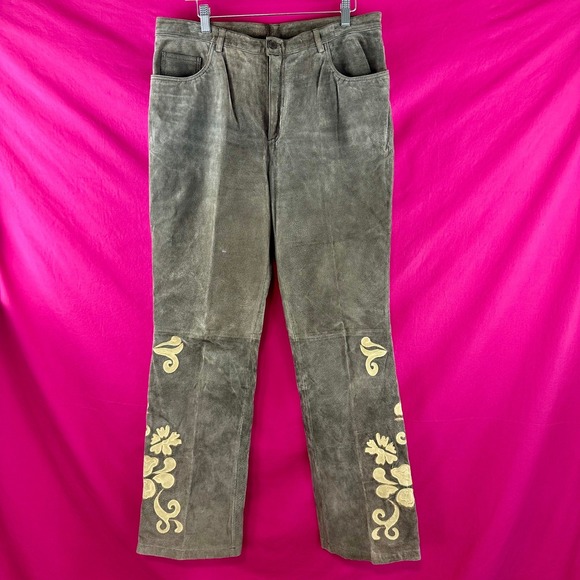 Vintage Suede Leather Pants Embroidered Appliqué Women's 14 Y2K Boho Western - Picture 4 of 17